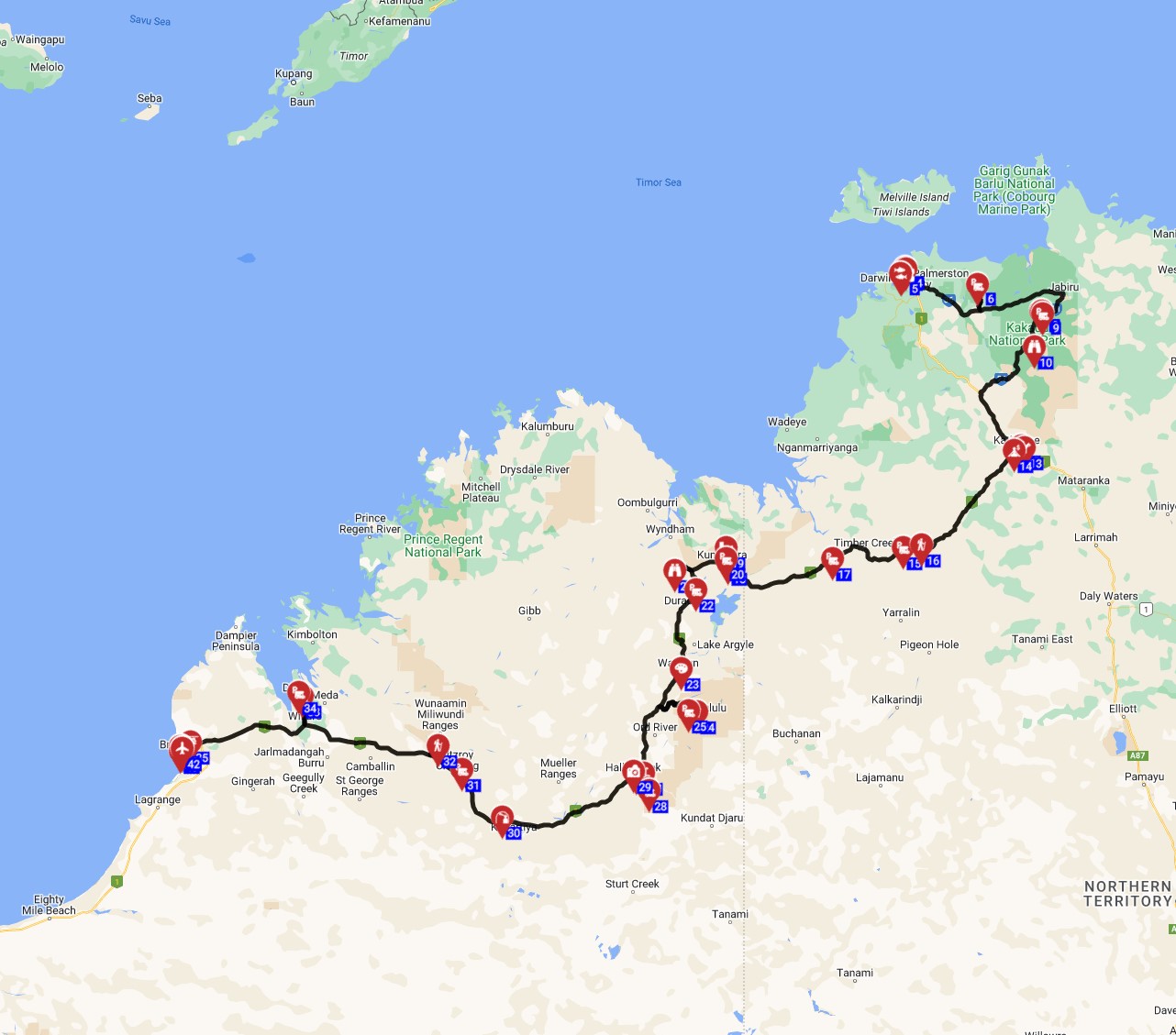 Map for Darwin to Broome - Wild North Discovery